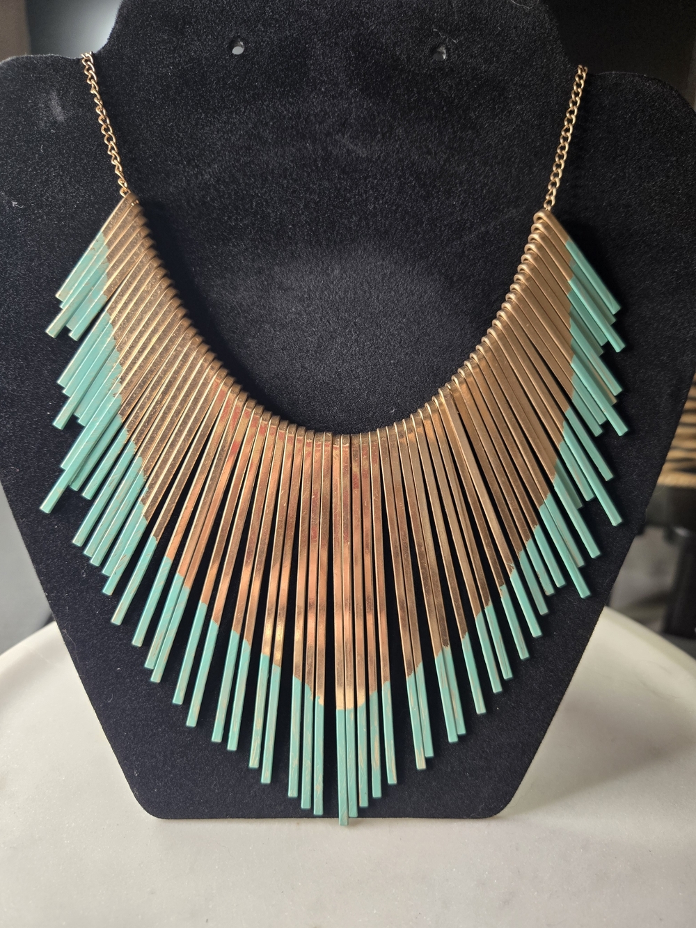 Gold and Teal Fringe Statement Necklace - Women Jewelry